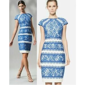 Tadashi Shoji Neoprene Lace Overlay China Blue Snow Cap Sleeve Dress Size 8